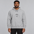 AI-generated original adult model visualization wearing the Heather Grey W8WOLF Iron Deadlift Heavyweight Hoodie with compact red-eyed wolf and separate black wordmark; original supplier front and back views retained.
