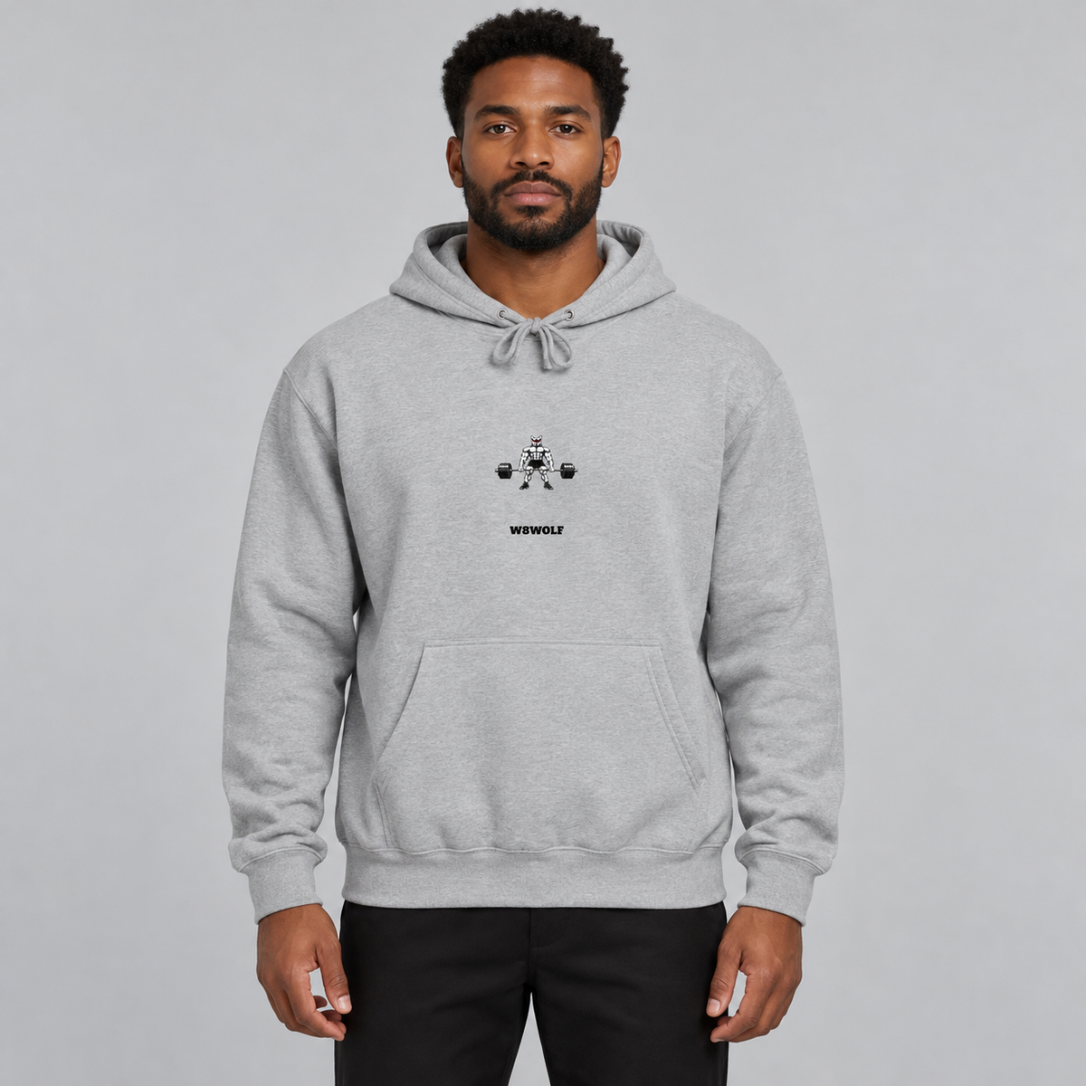 AI-generated original adult model visualization wearing the Heather Grey W8WOLF Iron Deadlift Heavyweight Hoodie with compact red-eyed wolf and separate black wordmark; original supplier front and back views retained.