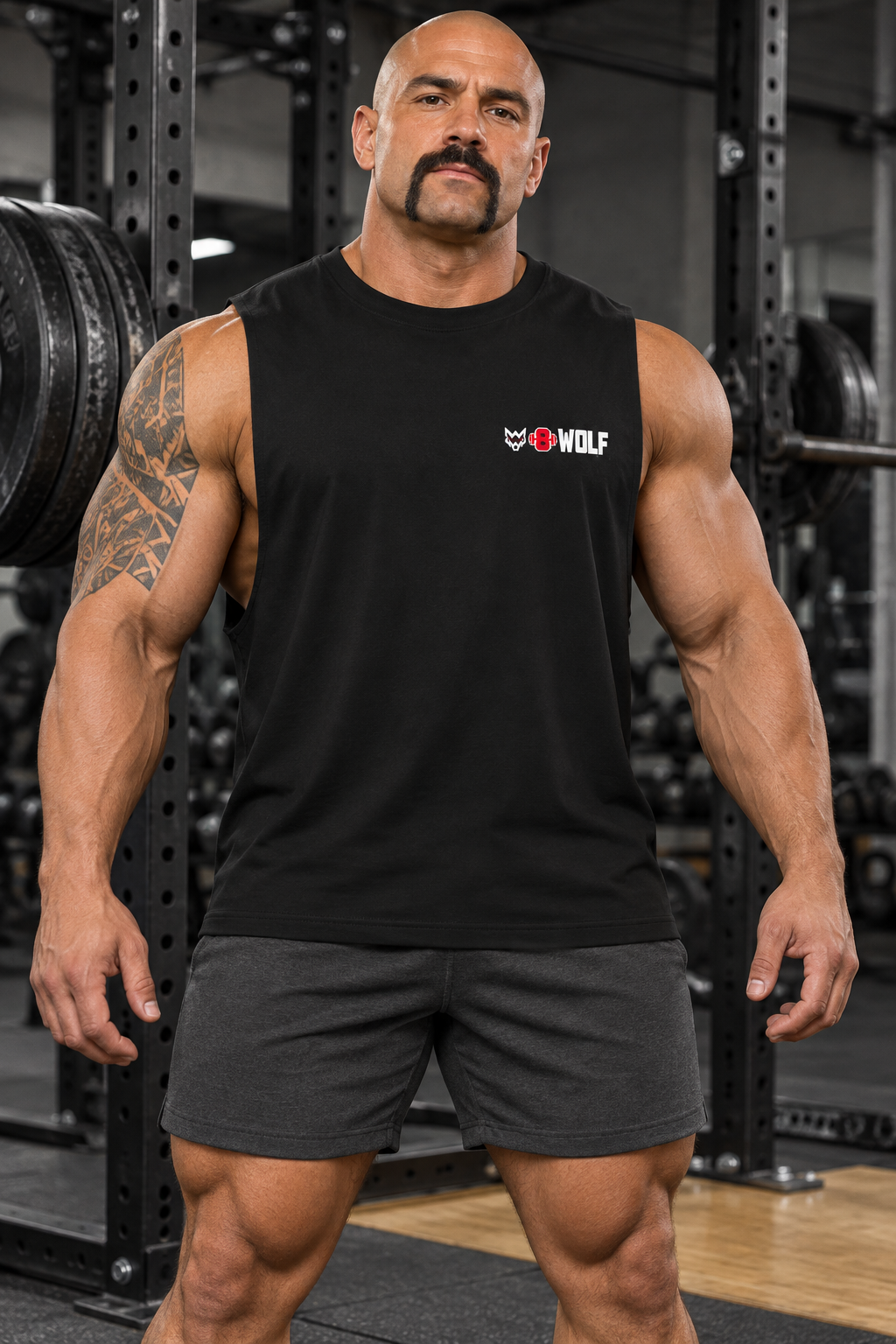 AI-generated original adult tattooed male bodybuilder wearing Black W8WOLF Essentials Left Chest Muscle Shirt in an urban powerlifting gym. Actual sleeveless construction and small original white wolf red eyes red barbell8 WOLF chest mark retained. Shorts styling only.