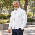 AI-generated original adult model visualization wearing W8WOLF Mono Fleece Track Jacket in White with accurate plain front, silver zip and stand collar; original supplier front and W8WOLF wordmark back views retained. Navy trousers are styling only.
