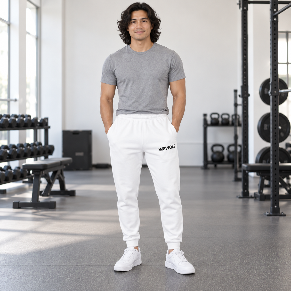 AI-generated original adult model visualization wearing W8WOLF Mono Fleece Joggers in White with black uppercase W8WOLF left-thigh wordmark; all four supplier garment views retained. Gray shirt and white shoes are styling only.