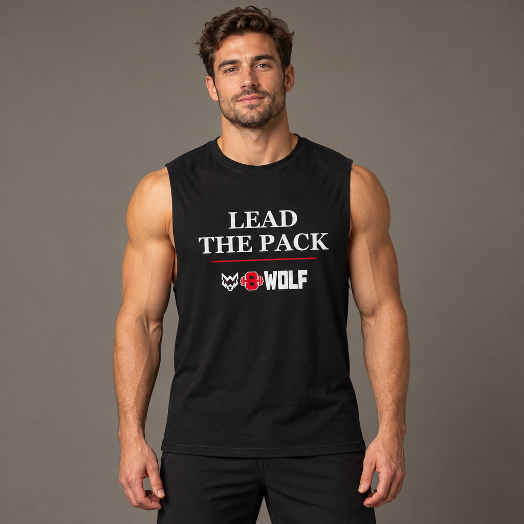 AI-generated adult model visualization wearing the black W8WOLF Lead the Pack Serif Muscle Shirt with original red-eyed wolf, red barbell 8 and white front print; supplier garment views also included.