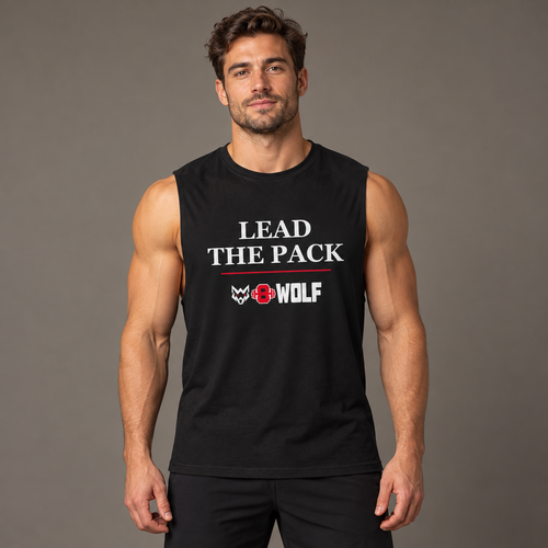 AI-generated adult model visualization wearing the black W8WOLF Lead the Pack Serif Muscle Shirt with original red-eyed wolf, red barbell 8 and white front print; supplier garment views also included.