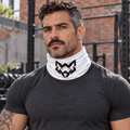 AI-generated original adult tattooed male bodybuilder wearing W8WOLF Wolf Emblem Neck Gaiter White around neck below chin in an urban gym. Actual white tubular fabric and original black wolf red eyes artwork retained with natural folds. Shirt styling only.
