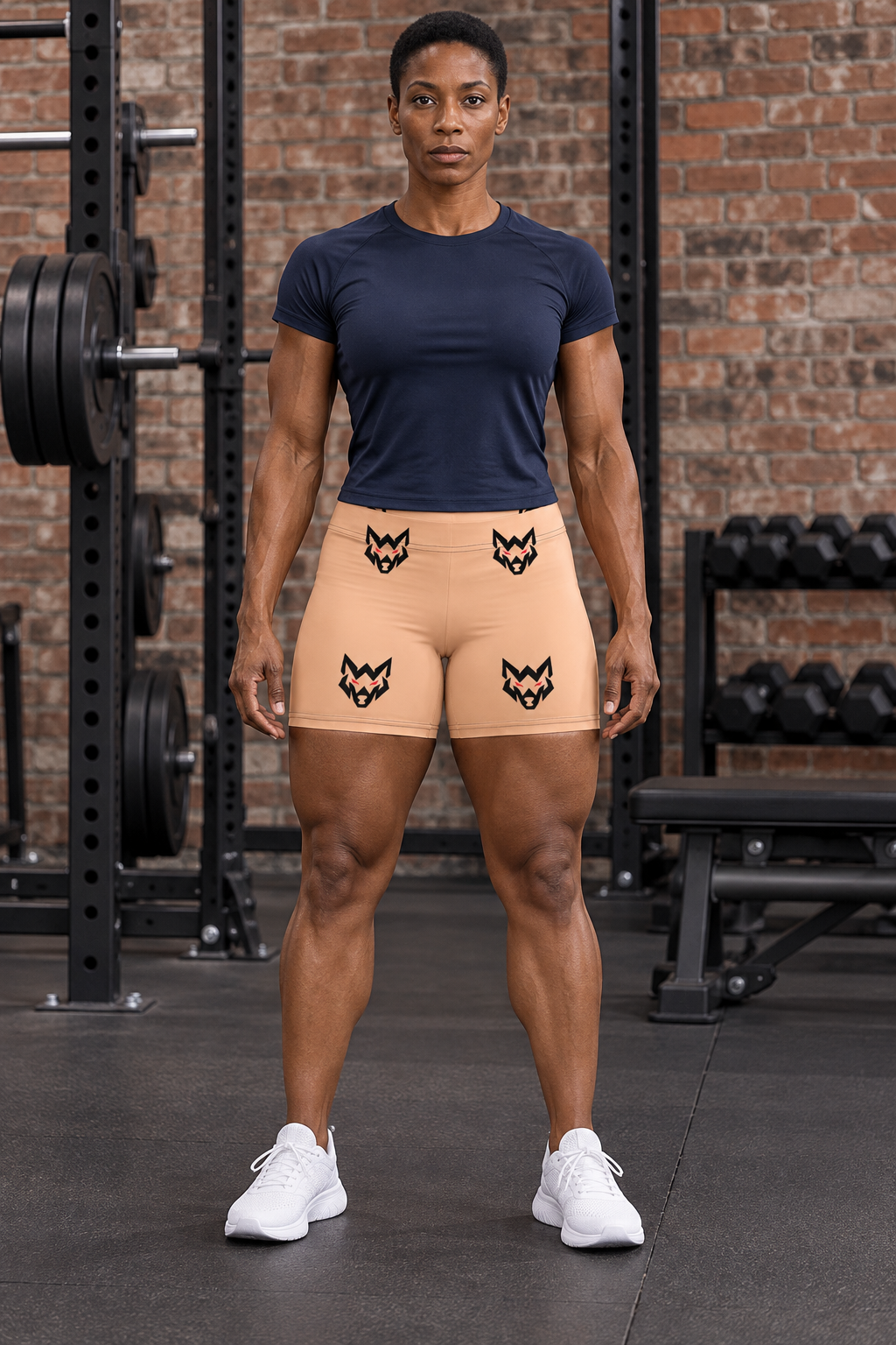 AI-generated original adult female bodybuilder wearing W8WOLF Peach Wolf Fitted Shorts in an urban strength gym. Peach fabric and four original black wolf heads with red eyes retained in front view. Navy tee and shoes styling only.