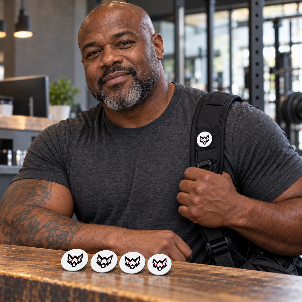 AI-generated original adult tattooed strongman displaying W8WOLF Wolf Emblem Pin Set five pack in an urban strength gym: one white wolf red eyes pin on a bag strap and four pins on bench. Shirt and bag are styling only. Original supplier images retained.