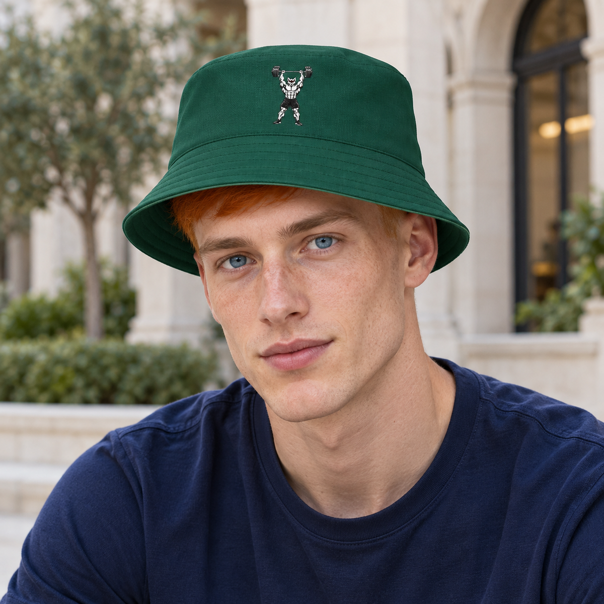 AI-generated original adult model visualization wearing forest side of W8WOLF Iron Press Reversible Bucket Hat with original red-eyed lifting wolf; eight original supplier views show forest wordmark back and distinct cream reverse. Styling shirt not included.