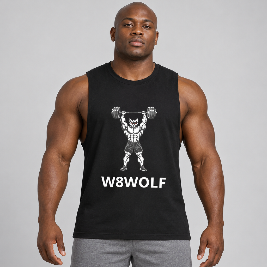 AI-generated original adult model visualization wearing Black W8WOLF Iron Press Muscle Shirt with original red-eyed overhead-press wolf and white wordmark; supplier front and back garment views retained.