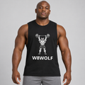 AI-generated original adult model visualization wearing Black W8WOLF Iron Press Muscle Shirt with original red-eyed overhead-press wolf and white wordmark; supplier front and back garment views retained.