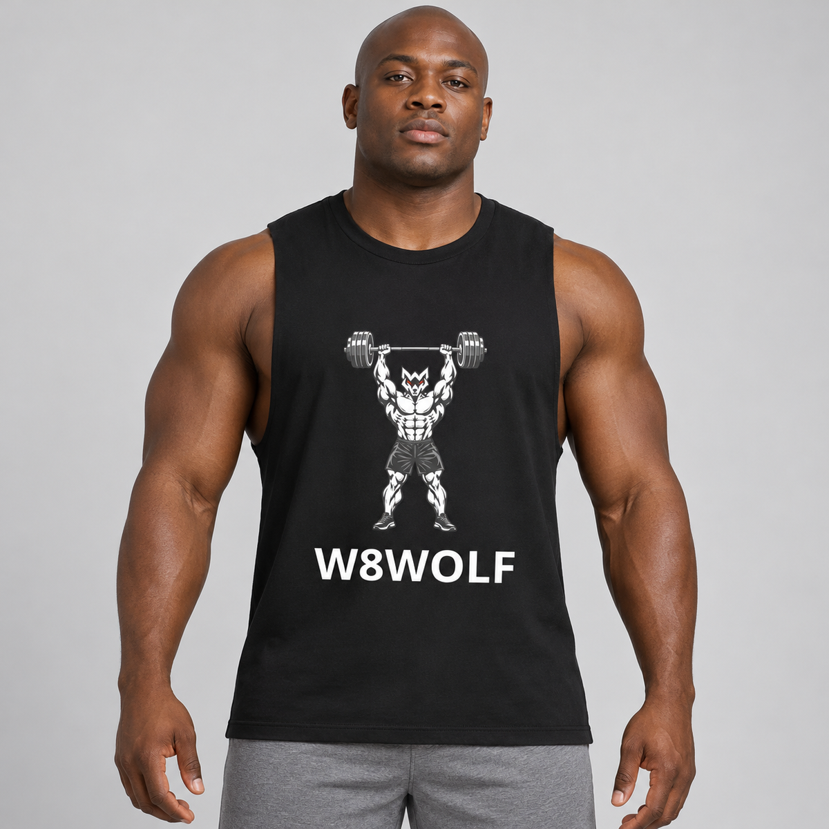 AI-generated original adult model visualization wearing Black W8WOLF Iron Press Muscle Shirt with original red-eyed overhead-press wolf and white wordmark; supplier front and back garment views retained.