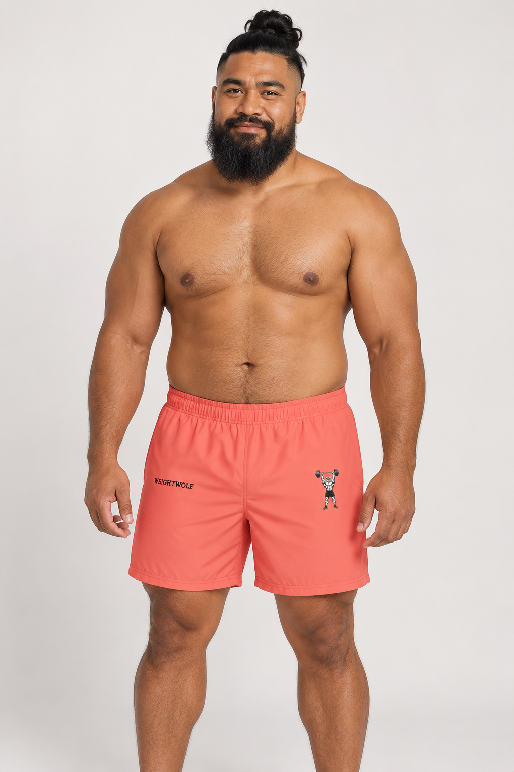 AI-generated original adult model visualization wearing Coral W8WOLF Iron Press Swim Trunks with original small red-eyed press wolf on left thigh and black WEIGHTWOLF serif on right thigh; supplier front and back views retained.