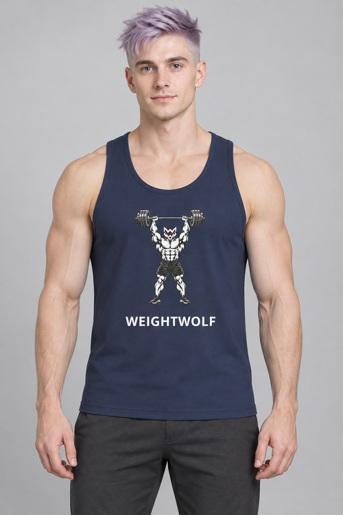 AI-generated original adult model visualization wearing Harbor Blue W8WOLF Iron Press Premium Tank with original red-eyed overhead-press wolf and white WEIGHTWOLF wordmark; original supplier front and back views retained.