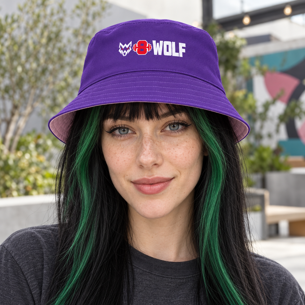 AI-generated original adult model visualization wearing W8WOLF Purple Pack Reversible Bucket Hat on its purple logo side; original supplier views of purple outside and pale-pink wordmark reverse retained.