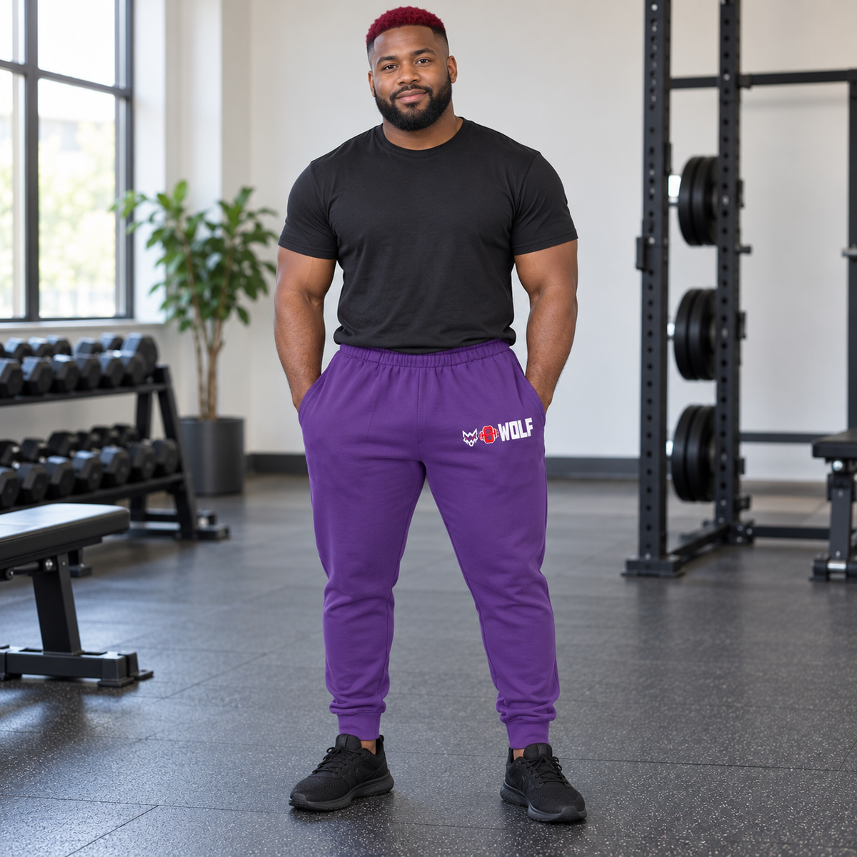 AI-generated original adult model visualization wearing W8WOLF Purple Pack Fleece Joggers with original white wolf, red barbell 8 and thick WOLF upper-left-leg logo; original supplier garment views retained. Black shirt and shoes are styling only.