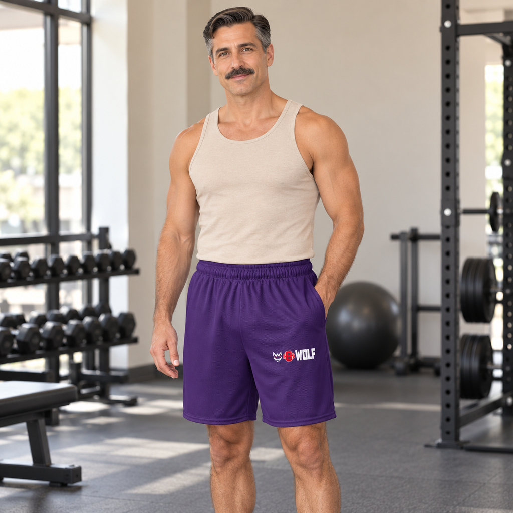 AI-generated original adult model visualization wearing W8WOLF Purple Pack Mesh Shorts with original white wolf, red barbell 8 and thick WOLF left-thigh logo; original supplier front and back retained. Tan tank is styling only.
