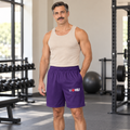 AI-generated original adult model visualization wearing W8WOLF Purple Pack Mesh Shorts with original white wolf, red barbell 8 and thick WOLF left-thigh logo; original supplier front and back retained. Tan tank is styling only.