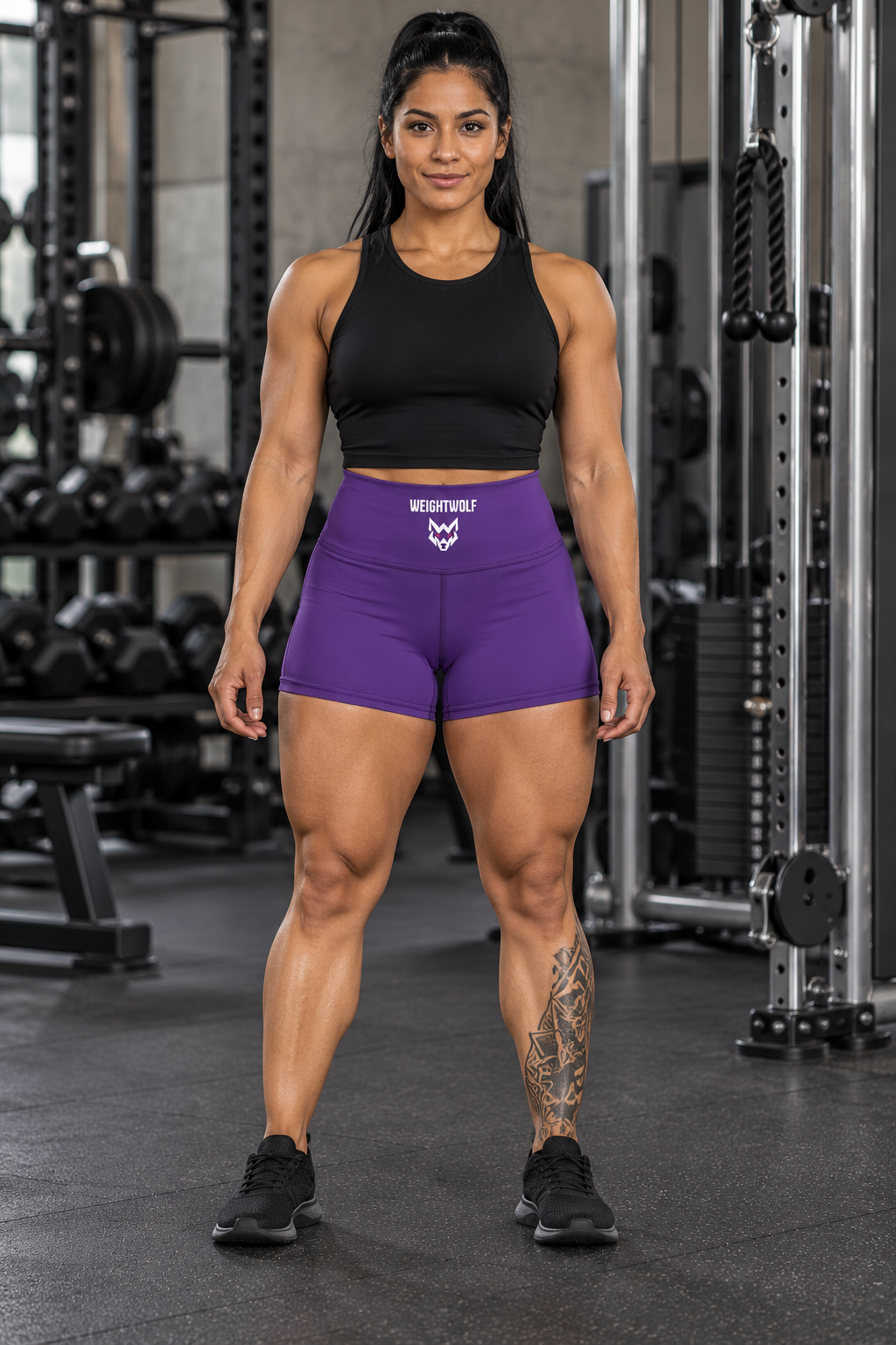 AI-generated original adult tattooed female powerlifter wearing WEIGHTWOLF Purple Lead the Pack Yoga Shorts in an urban strength gym. Purple high waist, centered WEIGHTWOLF and original wolf artwork retained. Black tank and shoes styling only.