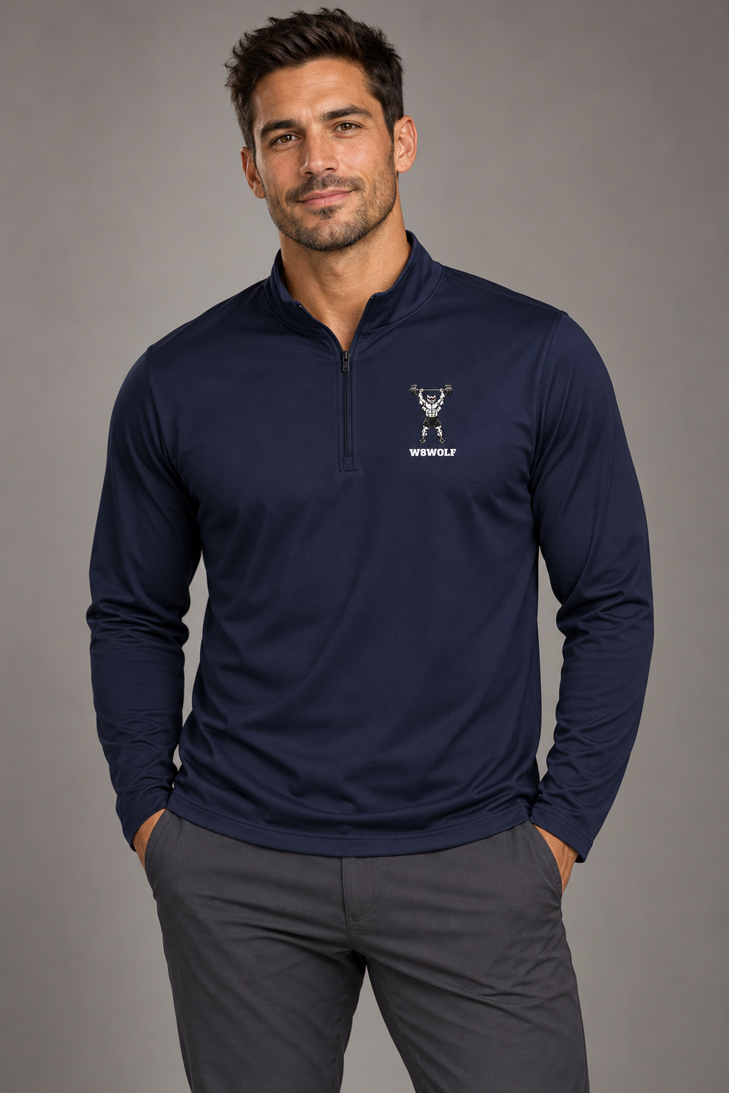 AI model visualization wearing W8WOLF Iron Press navy quarter-zip with red-eyed wolf and white W8WOLF chest print; supplier garment views also included.