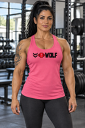 AI-generated original adult tattooed female bodybuilder wearing Hot Pink W8WOLF Womens Bold Racerback Tank in an urban gym. Actual pink racerback construction and original black wolf red barbell8 WOLF chest design retained. Leggings styling only; other color supplier images preserved.