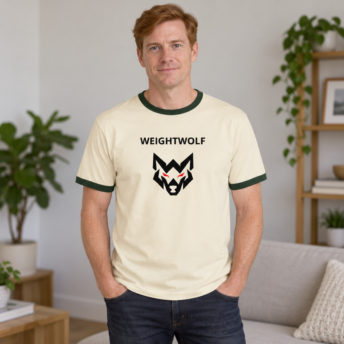 AI-generated original adult model visualization wearing Natural / Forest Green W8WOLF Essentials WEIGHTWOLF Retro Ringer Tee with black wordmark, original red-eyed wolf and green trim. All twenty original supplier garment images retained. Jeans are styling only.