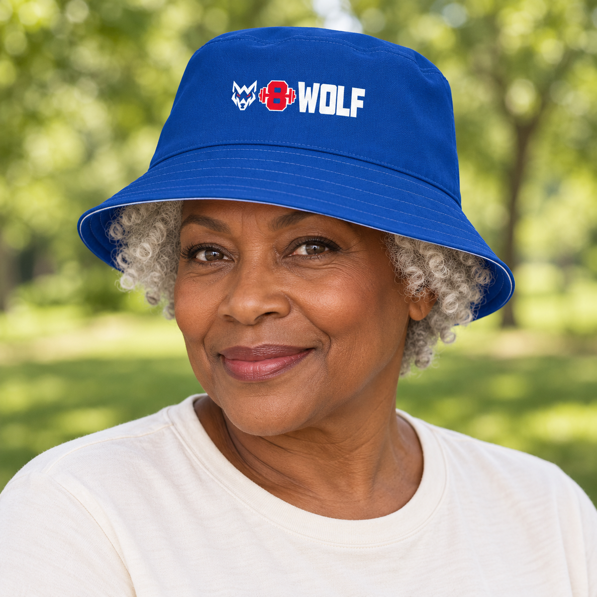 AI-generated original adult model visualization wearing W8WOLF Royal Pack Reversible Bucket Hat on its royal-blue logo side; all original supplier views of royal outside and contrasting white wordmark reverse retained.