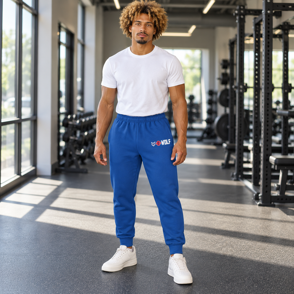 AI-generated original adult model visualization wearing W8WOLF Royal Pack Fleece Joggers with original white wolf, red barbell 8 and thick WOLF upper-left-leg logo; original supplier garment views retained. White shirt and shoes are styling only.