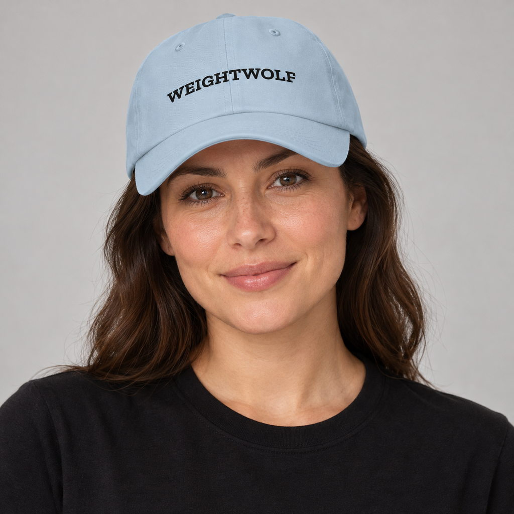 AI-generated adult model visualization wearing the Light Blue WEIGHTWOLF Serif Classic Dad Hat with black front print; original supplier images show all five available colors.