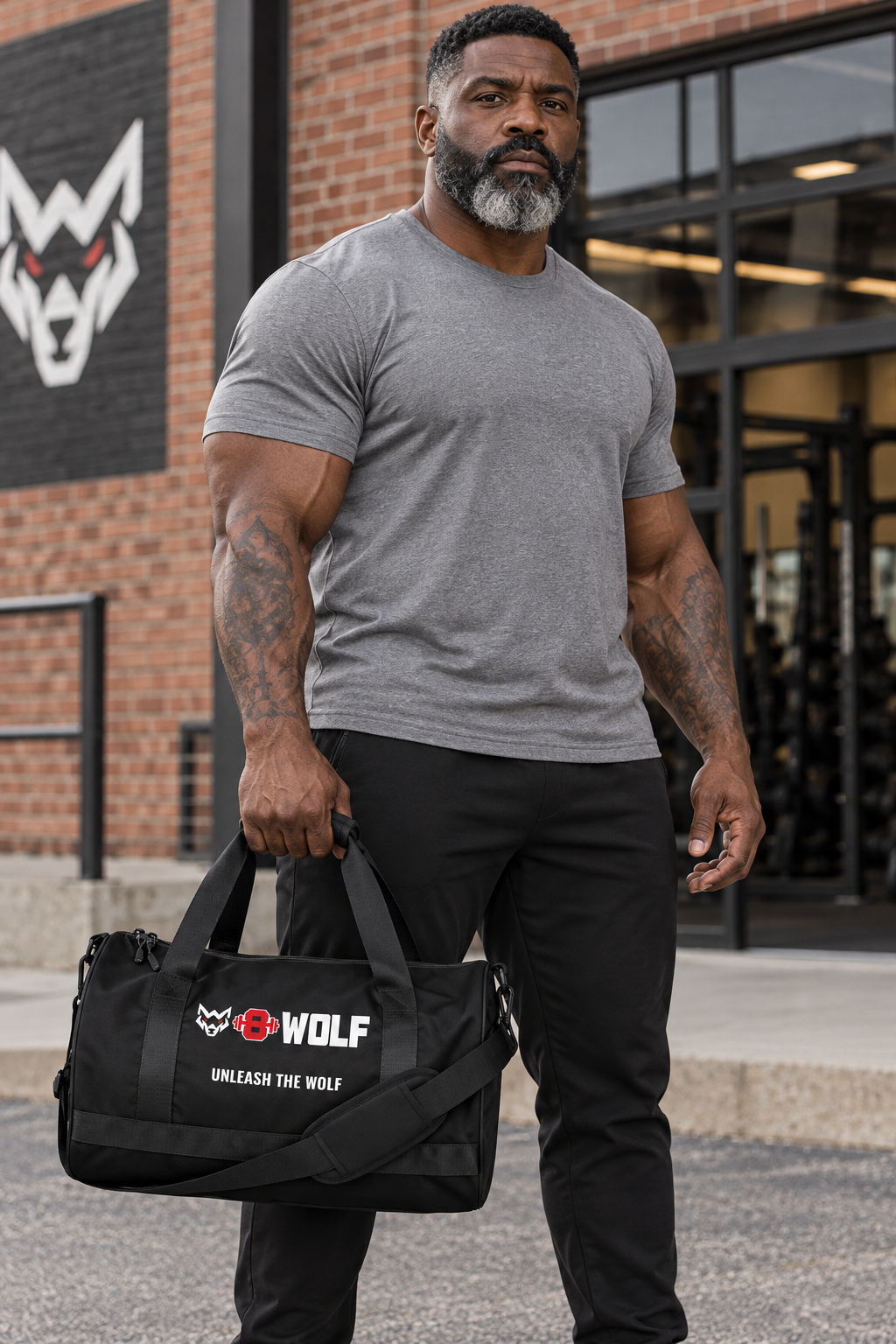 AI-generated original adult tattooed strongman carrying W8WOLF Signature Gym Bag Black in a fictional urban gym setting. Actual black 30 L bag straps zippers original white wolf red eyes red barbell8 WOLF and UNLEASH THE WOLF print retained. Clothing styling only.