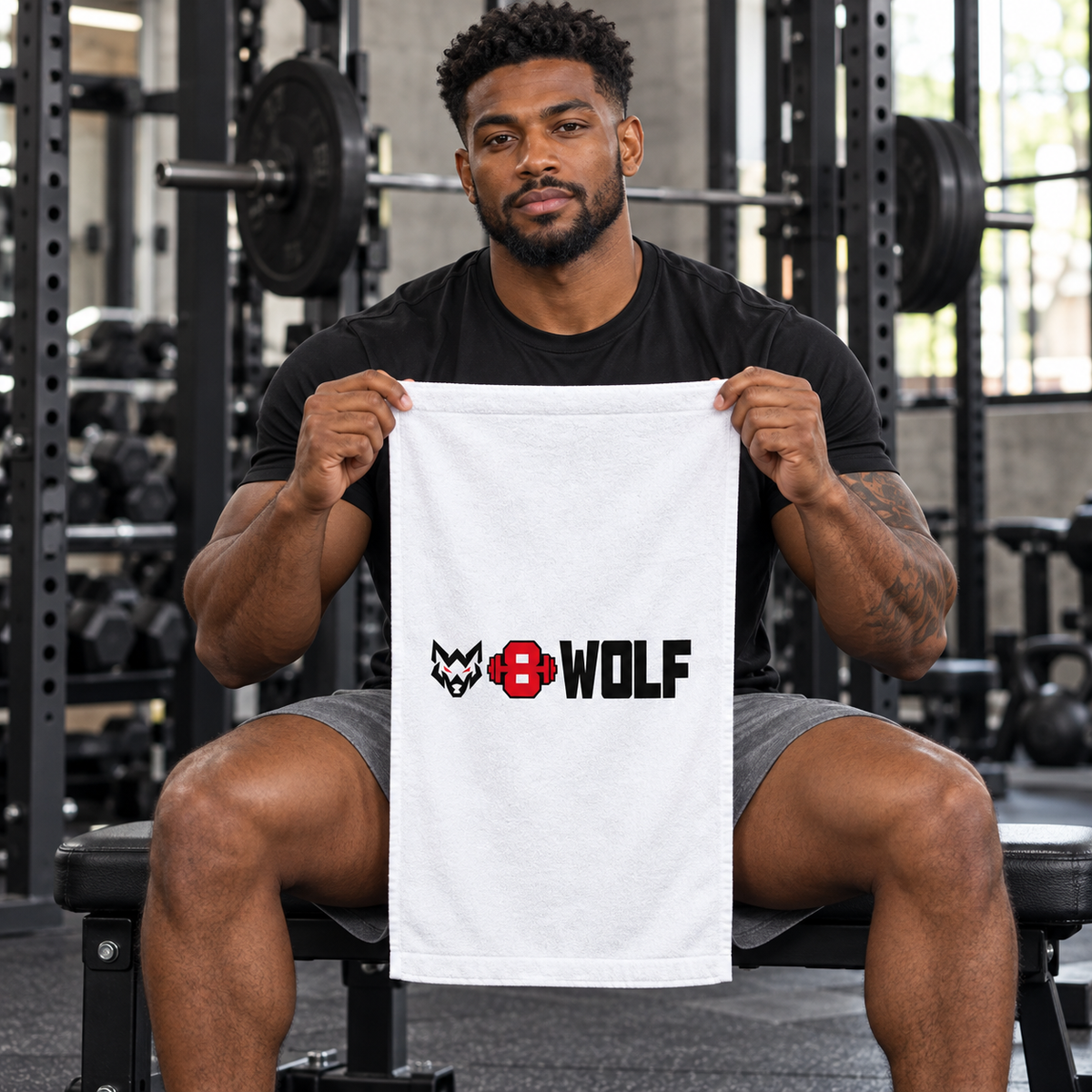 AI-generated original adult tattooed male powerlifter displaying W8WOLF Signature Workout Towel White 16 by 28 inches in an urban gym. Actual small vertical white towel and original black wolf red eyes red barbell8 WOLF centered print retained. Clothing styling only.