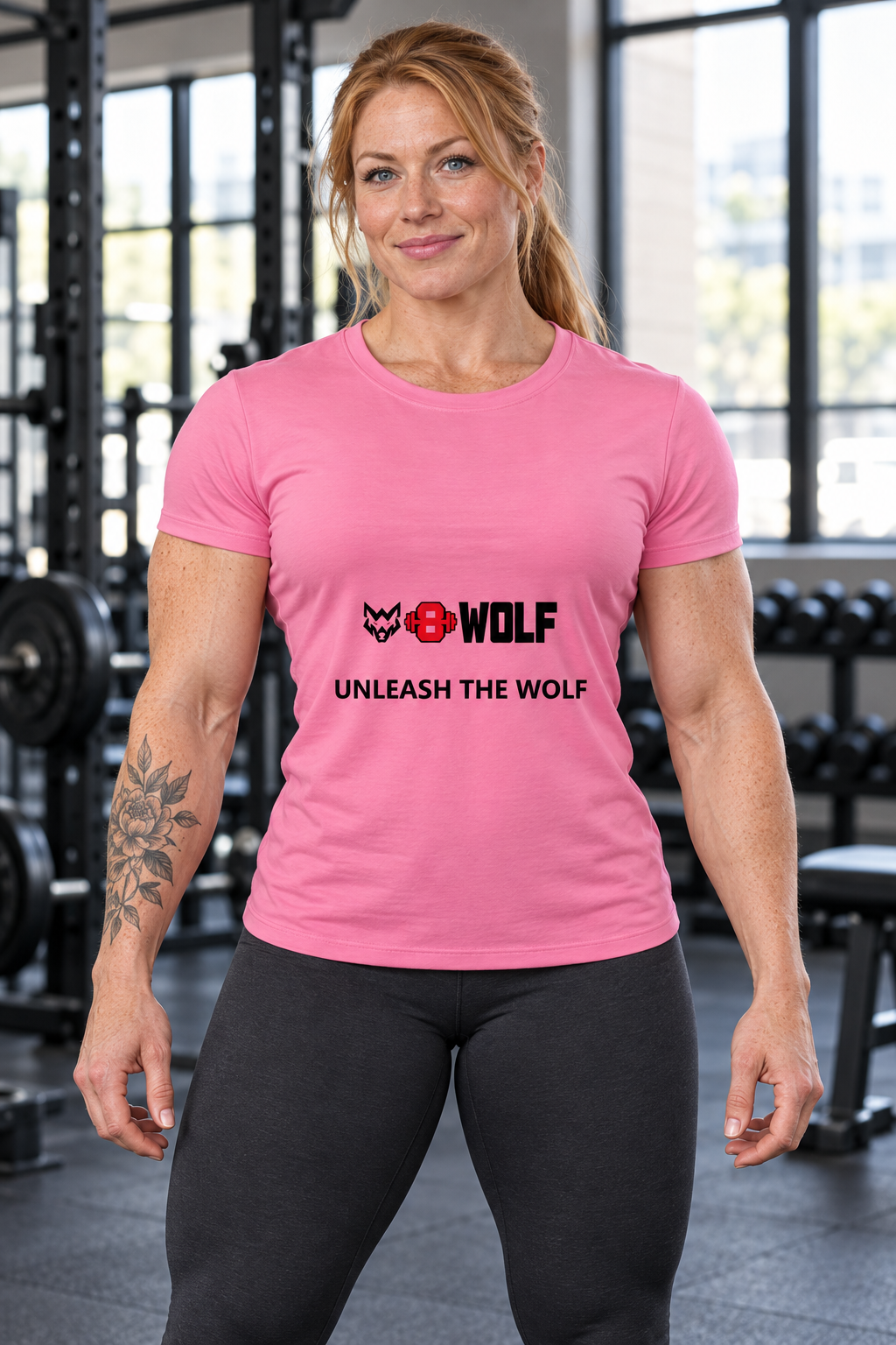 AI-generated original adult tattooed female bodybuilder wearing Azalea W8WOLF Unleash the Wolf Womens Softstyle Tee in an urban strength gym. Actual pink fitted construction, original wolf red eyes red barbell8 WOLF and UNLEASH THE WOLF print retained. Leggings styling only; other colors preserved.