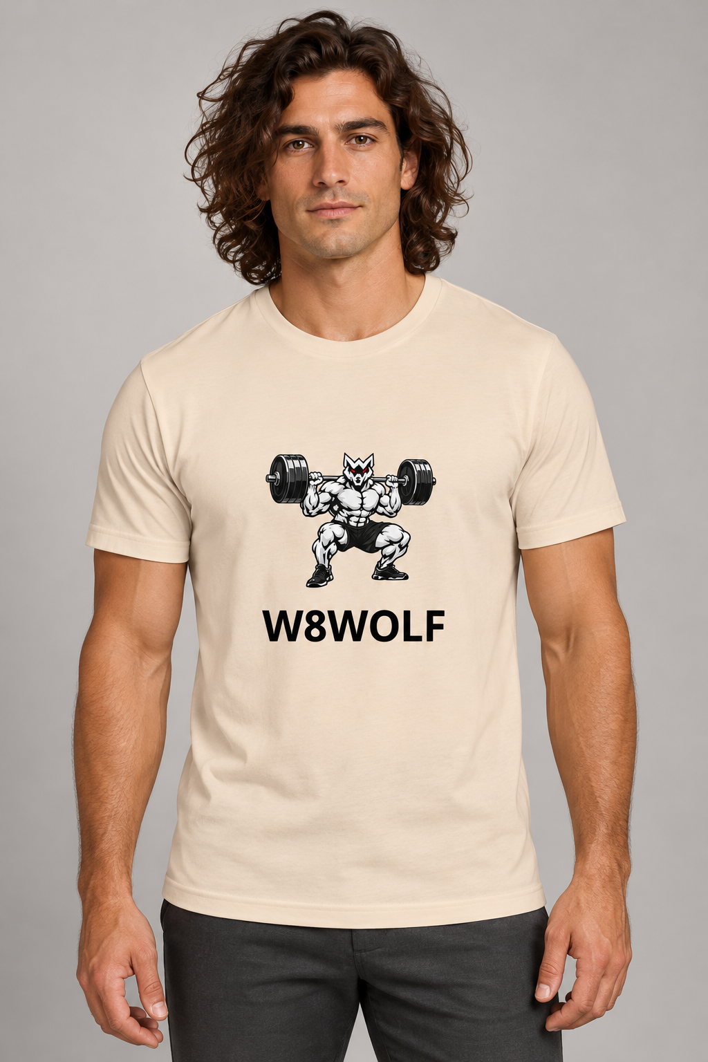 AI-generated original adult model visualization wearing Cream W8WOLF Iron Squat Fitted Tee with original red-eyed squat wolf and separate black wordmark; original supplier front and back retained.