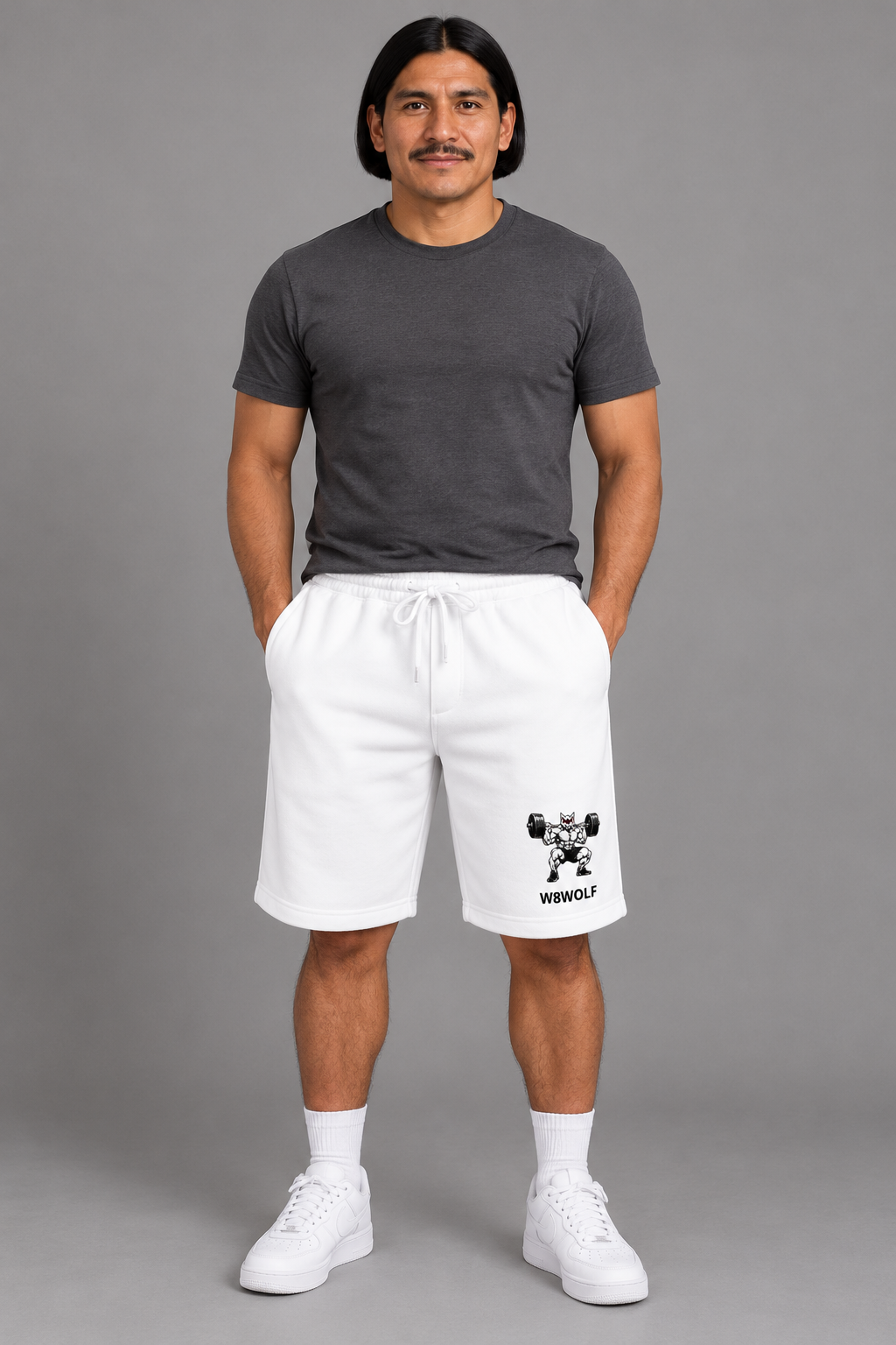 AI-generated original adult model visualization wearing White W8WOLF Iron Squat Fleece Shorts with original red-eyed squat wolf and separate black wordmark on left leg; original supplier shorts image retained. Styling garments are not included.