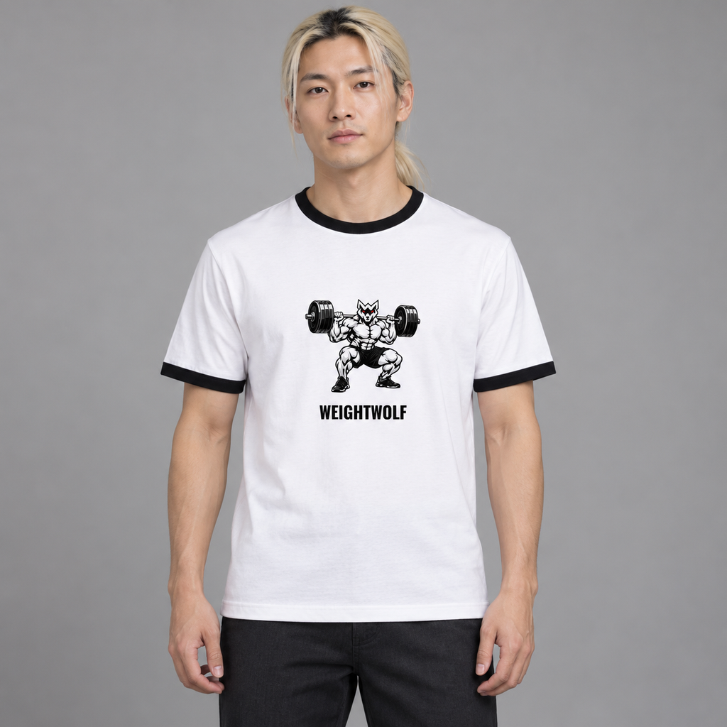 AI-generated original adult model visualization wearing White Black WEIGHTWOLF Iron Squat Ringer Tee with original red-eyed lifting wolf and separate black wordmark; original supplier front and back retained.