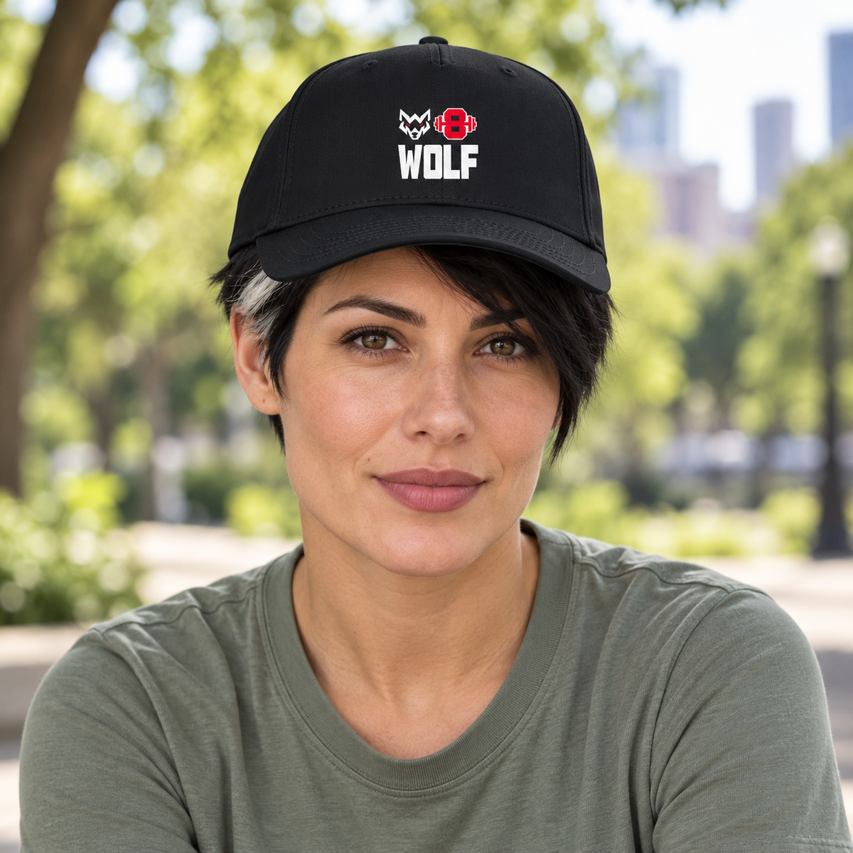 AI-generated original adult model visualization wearing Black W8WOLF Stacked Crest Five-Panel Cap with original red-eyed wolf W, red barbell 8 and thick white WOLF; four original supplier views retained. DTFlex printed crest, not embroidery. Styling shirt not included.