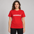 AI-generated adult model visualization wearing the Red W8WOLF Color Surge Stencil Tee with white front wordmark; original supplier images show all five garment colors.