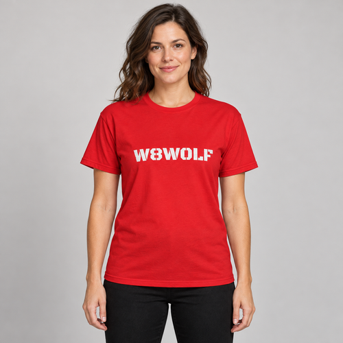 AI-generated adult model visualization wearing the Red W8WOLF Color Surge Stencil Tee with white front wordmark; original supplier images show all five garment colors.