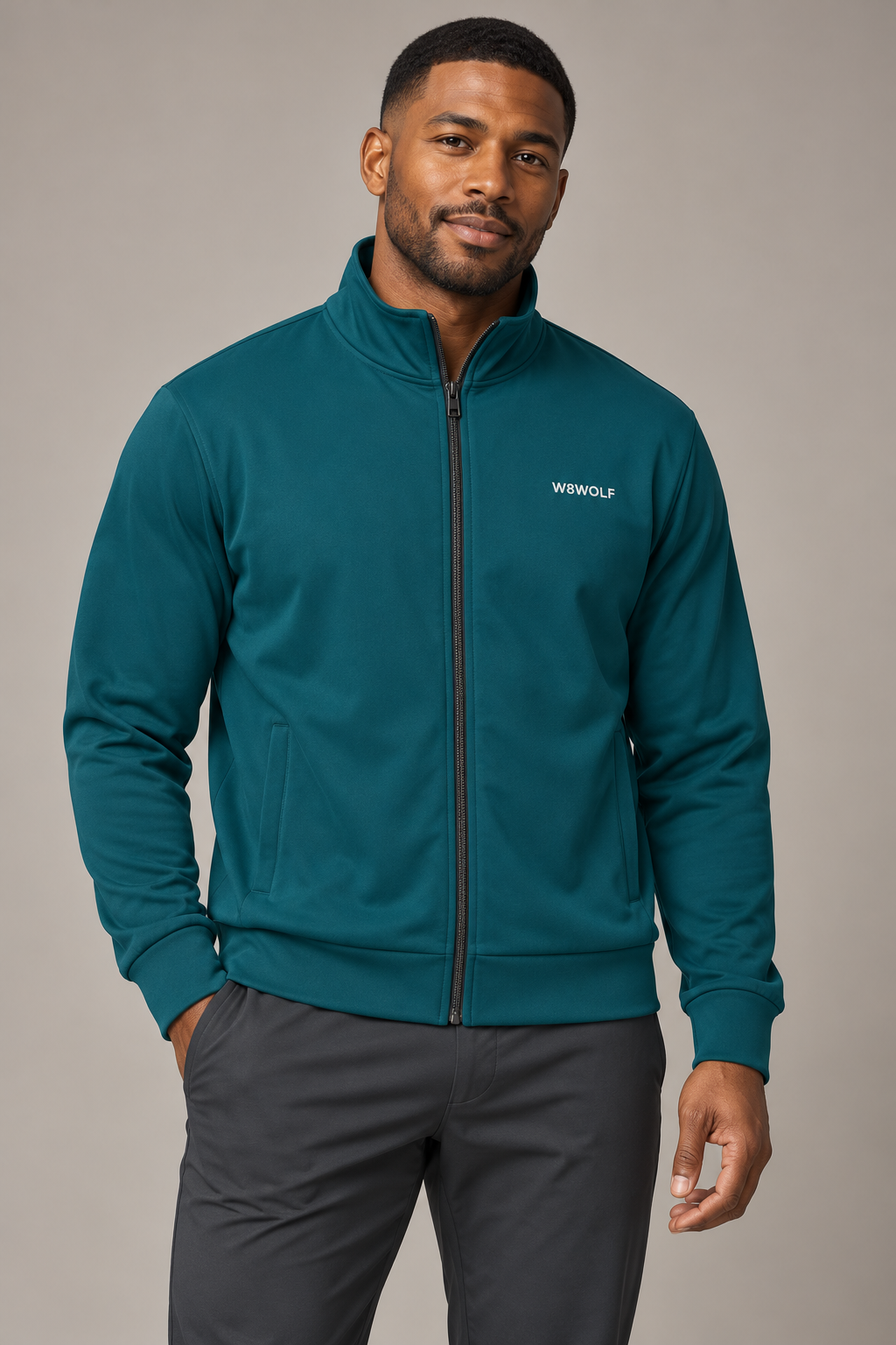 AI model visualization wearing W8WOLF Iron Curl teal recycled track jacket with white chest wordmark; original supplier front and back views included.