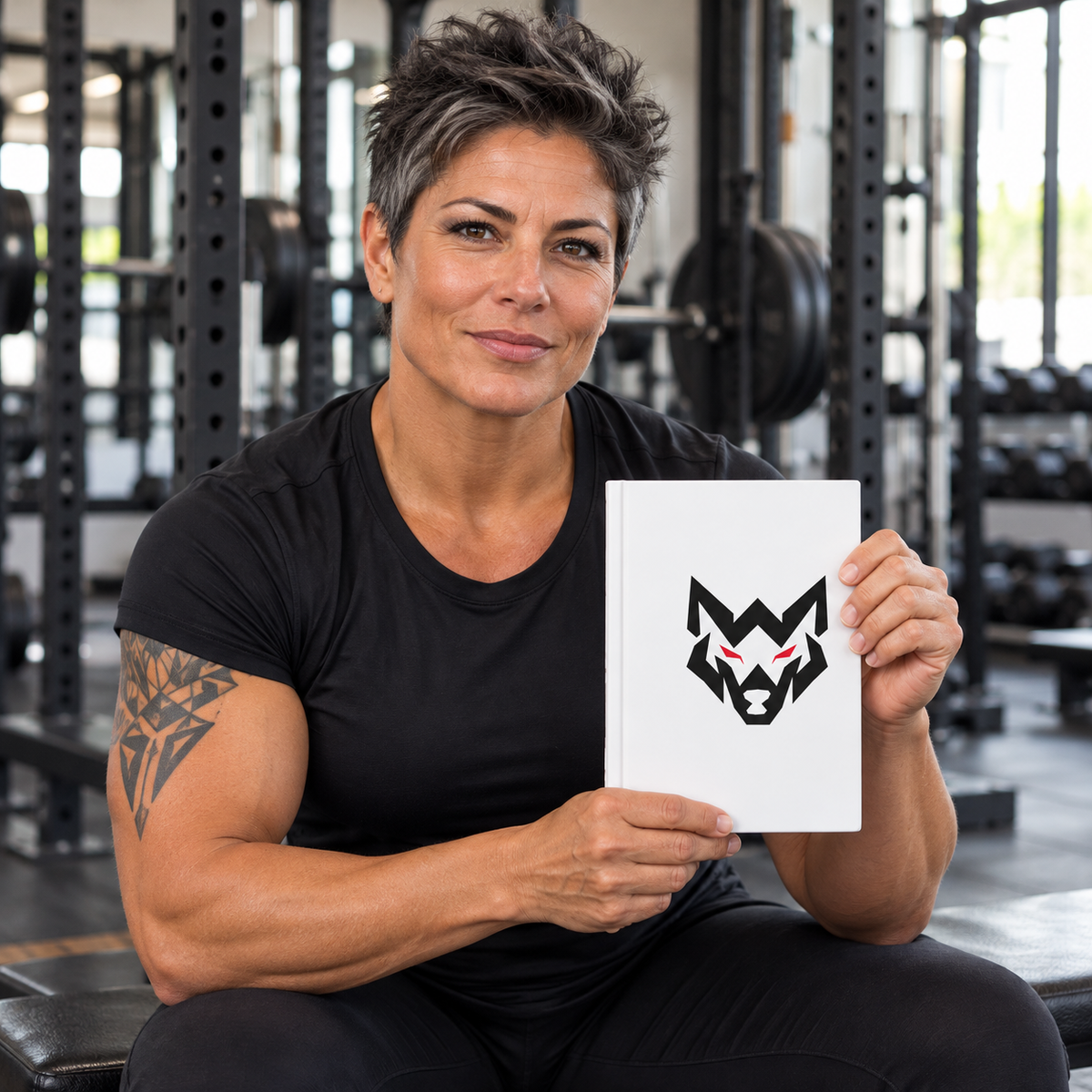 AI-generated original adult tattooed female powerlifter holding W8WOLF Wolf Emblem Training Notebook in an urban gym. Actual white matte bound hardcover and original black wolf red eyes cover artwork retained. Clothing styling only.