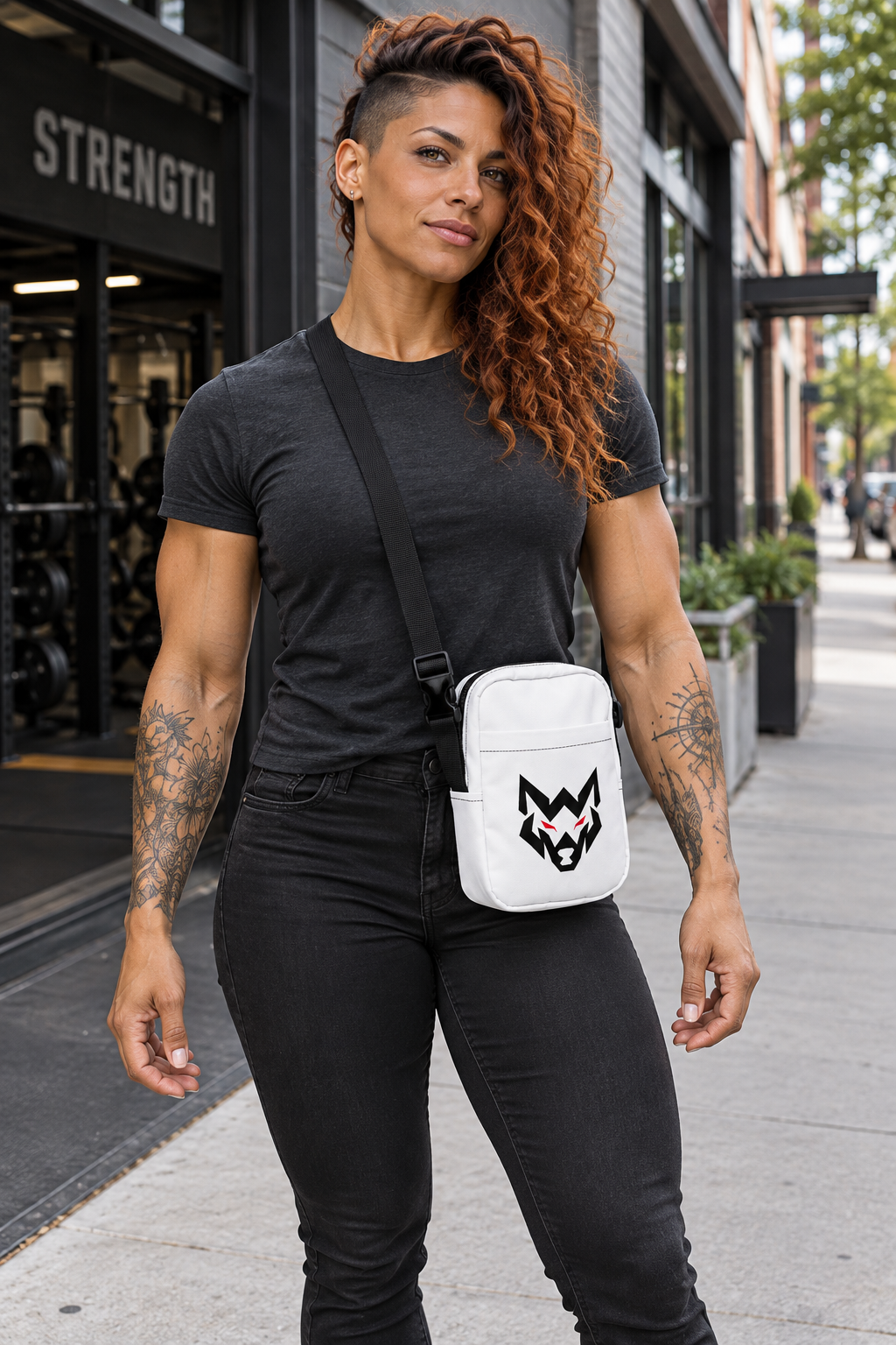 AI-generated original adult tattooed female bodybuilder wearing W8WOLF Wolf Emblem Utility Bag in an urban setting. Actual small white bag black strap buckle zipper and original black wolf red eyes on front pocket retained. Clothing styling only; original supplier views retained.