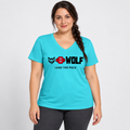 AI-generated original adult model visualization wearing Turquoise W8WOLF Essentials Women’s Lead the Pack V-Neck with original red-eyed wolf, red barbell 8, thick black WOLF and LEAD THE PACK print. Supplier views of all three colors retained. Trousers are styling only.