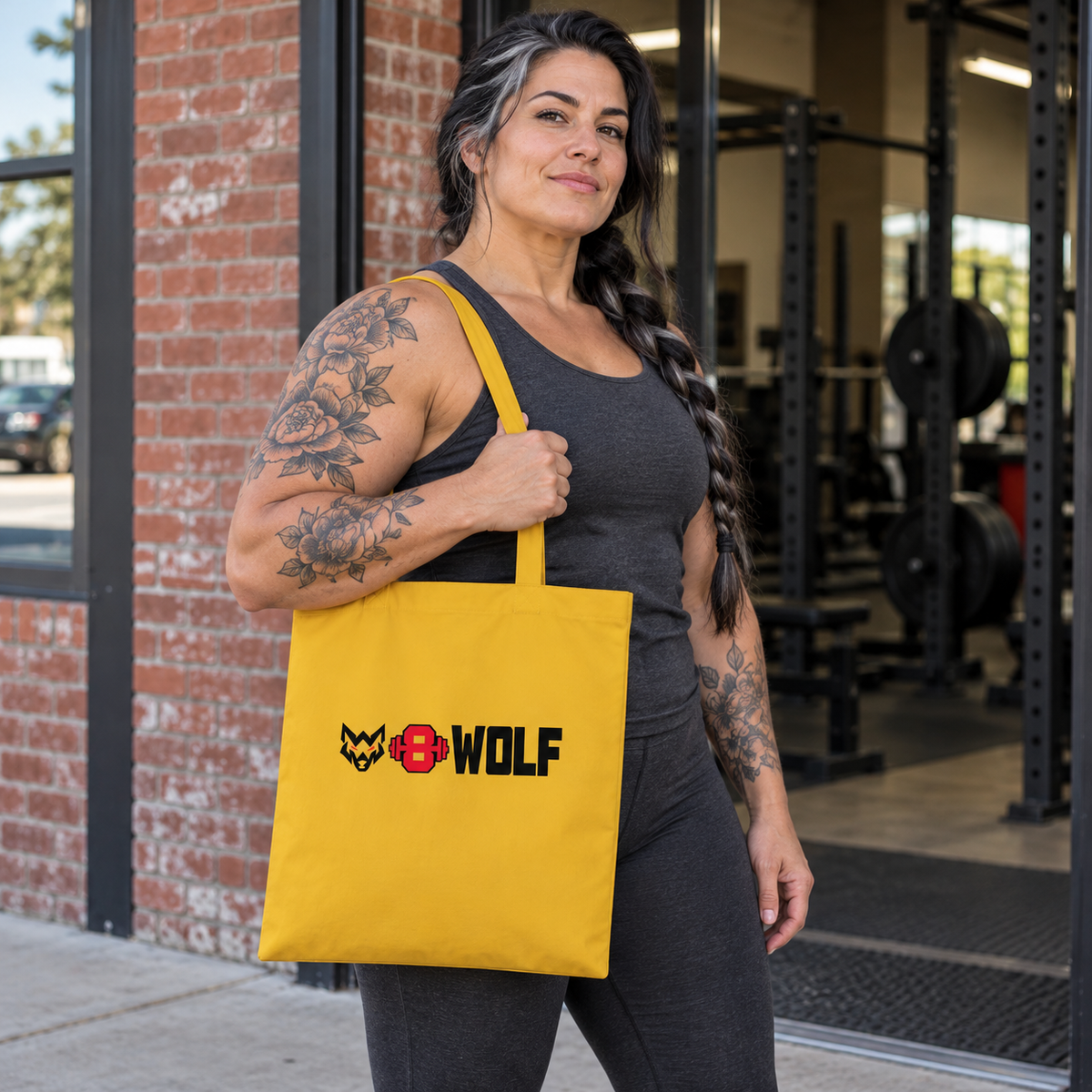 AI-generated original adult tattooed strongwoman carrying W8WOLF Bold Logo Tote Bag Mustard outside an urban powerlifting gym. Actual mustard fabric long straps and original black wolf red eyes red barbell8 thick WOLF retained. Clothing styling only.