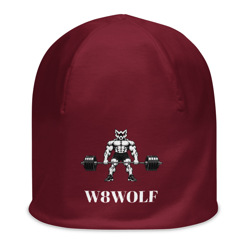 Printful actual burgundy beanie with original red-eyed deadlift wolf and separate white W8WOLF wordmark