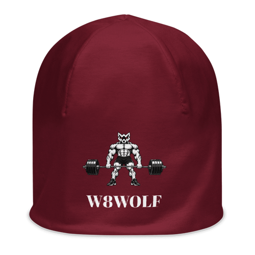 Printful actual burgundy beanie with original red-eyed deadlift wolf and separate white W8WOLF wordmark