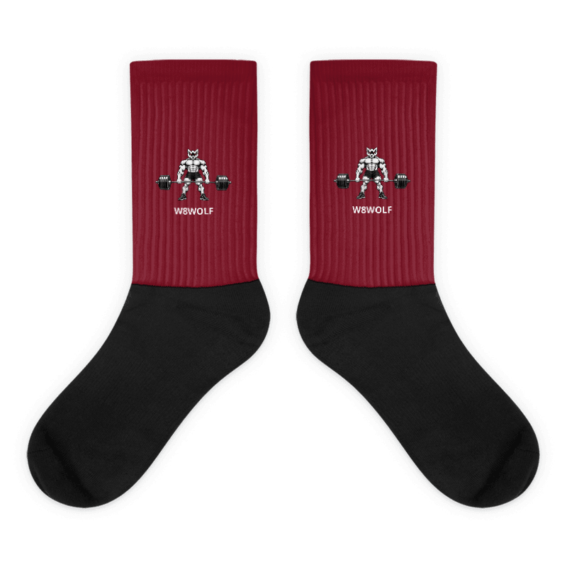 Burgundy crew socks with original deadlift wolf and separate white W8WOLF wordmark