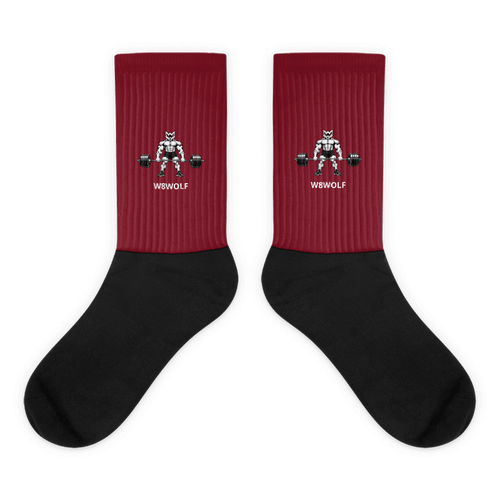 Burgundy crew socks with original deadlift wolf and separate white W8WOLF wordmark