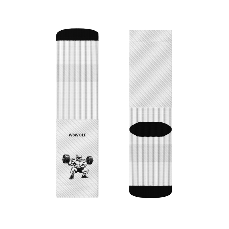 Small cushioned socks with original squat wolf and separate upright W8WOLF wordmark