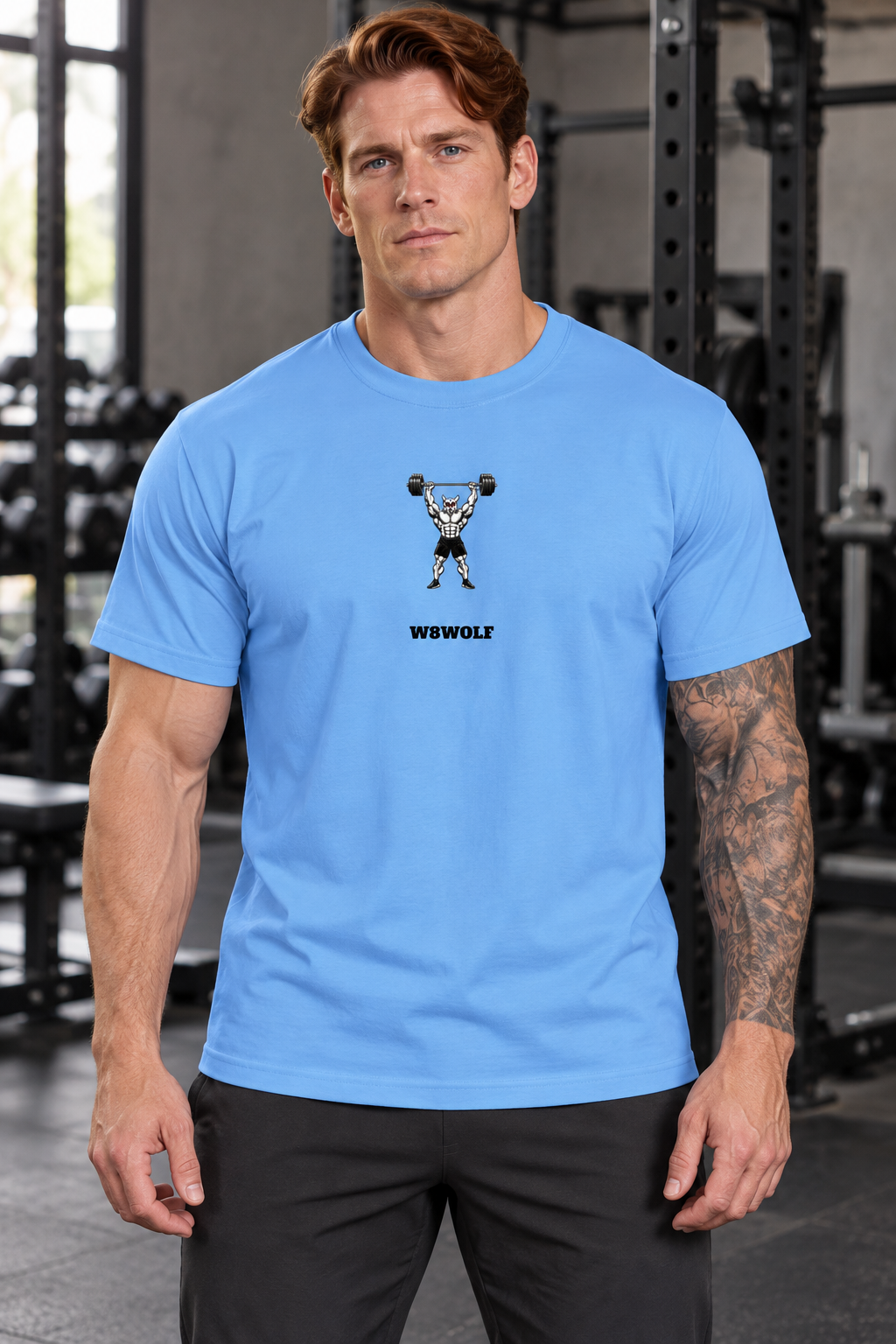 AI-generated original adult tattooed male bodybuilder wearing W8WOLF Iron Press Active Tee Turquoise in an urban gym. Actual light blue fabric centered original wolf red eyes pressing single overhead barbell and separate black W8WOLF wordmark retained. Pants styling only.