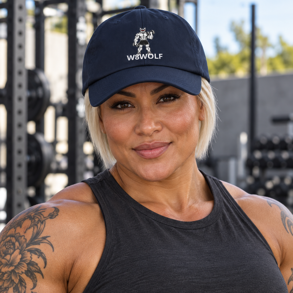 AI-generated original adult tattooed female bodybuilder wearing W8WOLF Iron Curl Signature Dad Hat Navy at an urban outdoor gym. Actual navy curved brim white embroidered lifting wolf red eyes and W8WOLF below retained. Tee styling only.