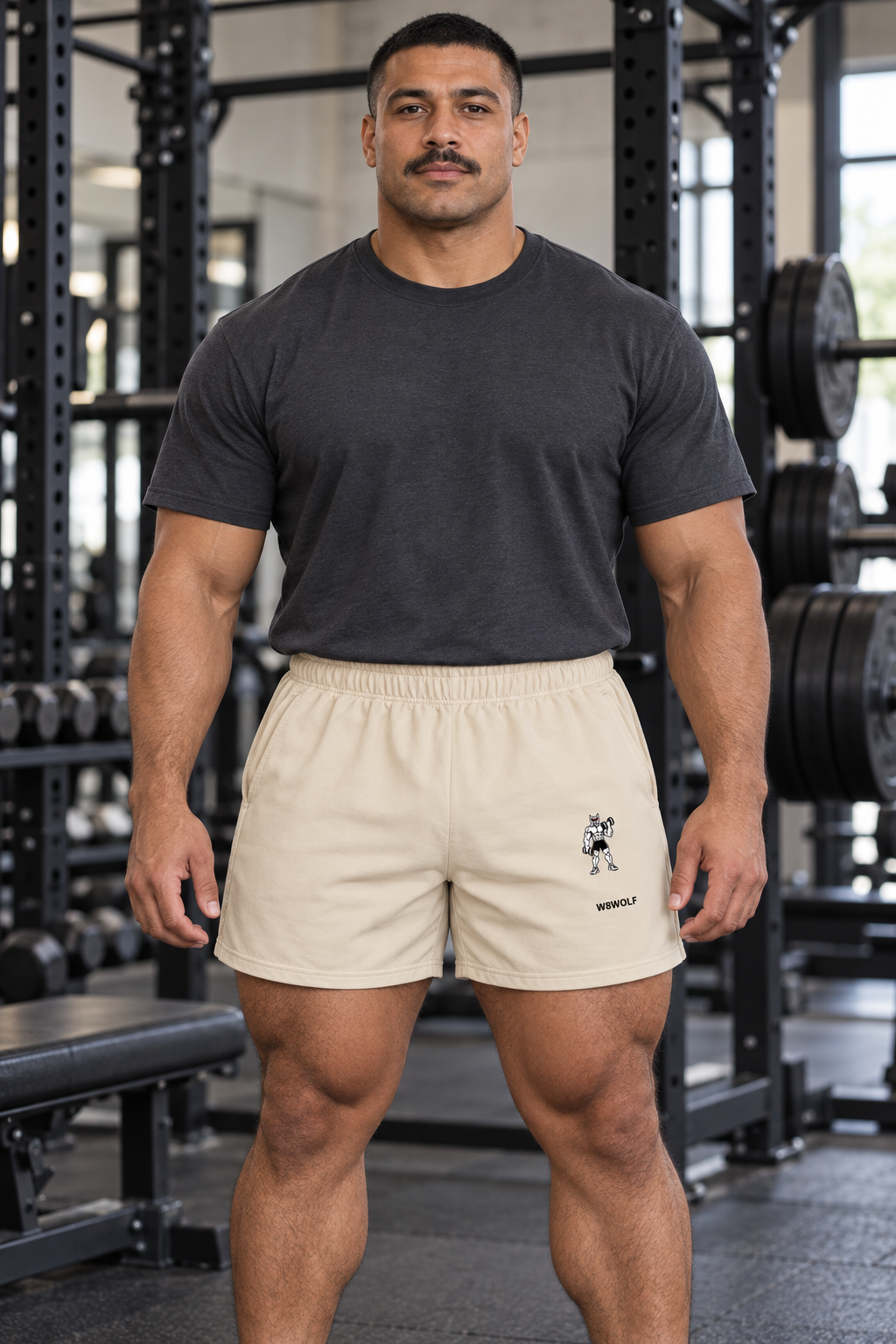 AI-generated original adult male powerlifter wearing W8WOLF Iron Curl Signature Cotton Shorts Stone in an urban gym. Actual cream cotton elastic waist lifting wolf red eyes and separate W8WOLF below on left thigh retained. Tee styling only.