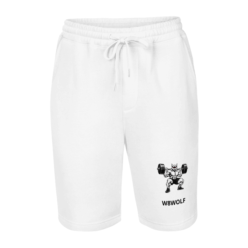 Actual Printful mockup of white Iron Squat fleece shorts with original lifting wolf and separate W8WOLF wordmark